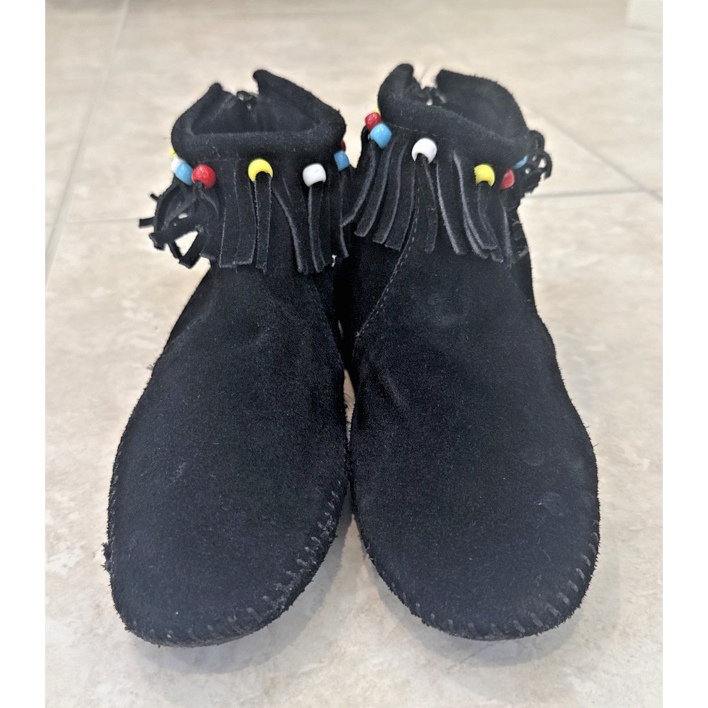 Minnetonka Moccasin Black Fringe Suede Beaded Sz 7 Zipper Hippie Festival Boho - Picture 8 of 8